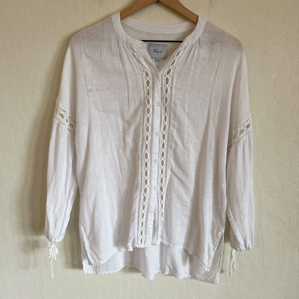 Rails Linen Blend Reece Crochet Button Front Blouse Top XS White Beach Resort